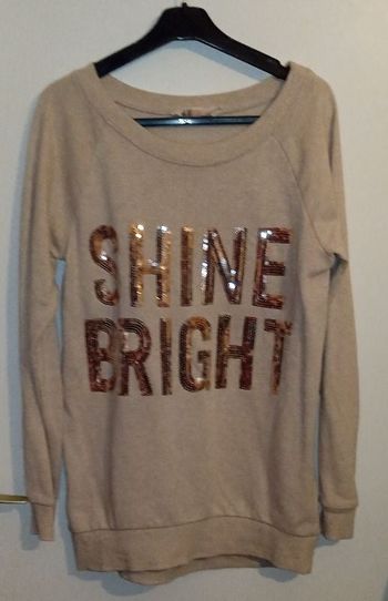 Sweat long H&M beige écriture pailletté rose