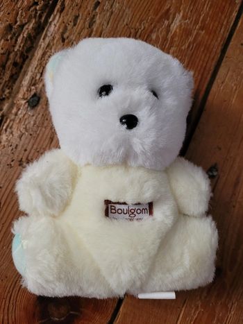 RARE Petit ours 15cm jaune vert blanc Boulgom ourson Made in France hochet grelot peluche