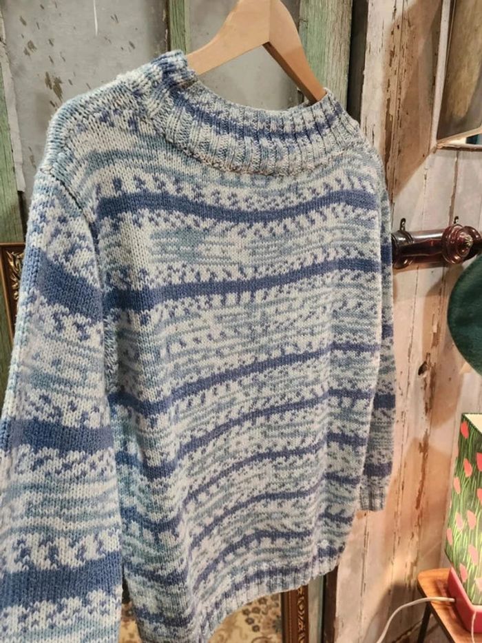 Joli pull col montant en maille coton vintage bleu ciel - photo numéro 4