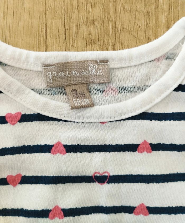 T-shirt manches courtes fille marinière coeurs taille 3 mois Grain de blé - photo numéro 2