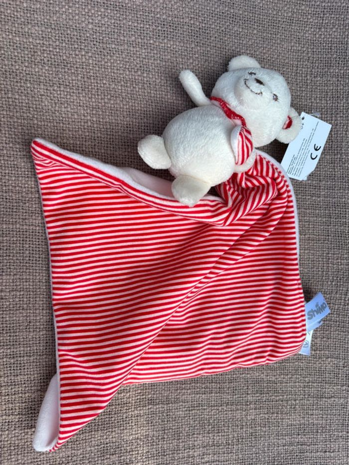 Doudou ours beige avec carte rouge rayé shima