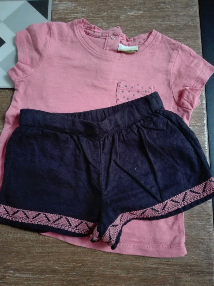 Ensemble TAO bébé fille 12 mois bleu rose brodé short t shirt - photo numéro 2