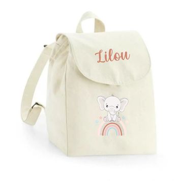 Sac à dos maternelle personnalisé prénom - Éléphanteau arc-en-ciel pastel - Sac crèche 100% coton bio - Rentrée enfant fille