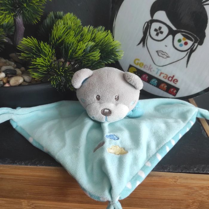 Doudou plat carré ours tex baby nuages echarpe bleu gris carré noeuds Jaune
