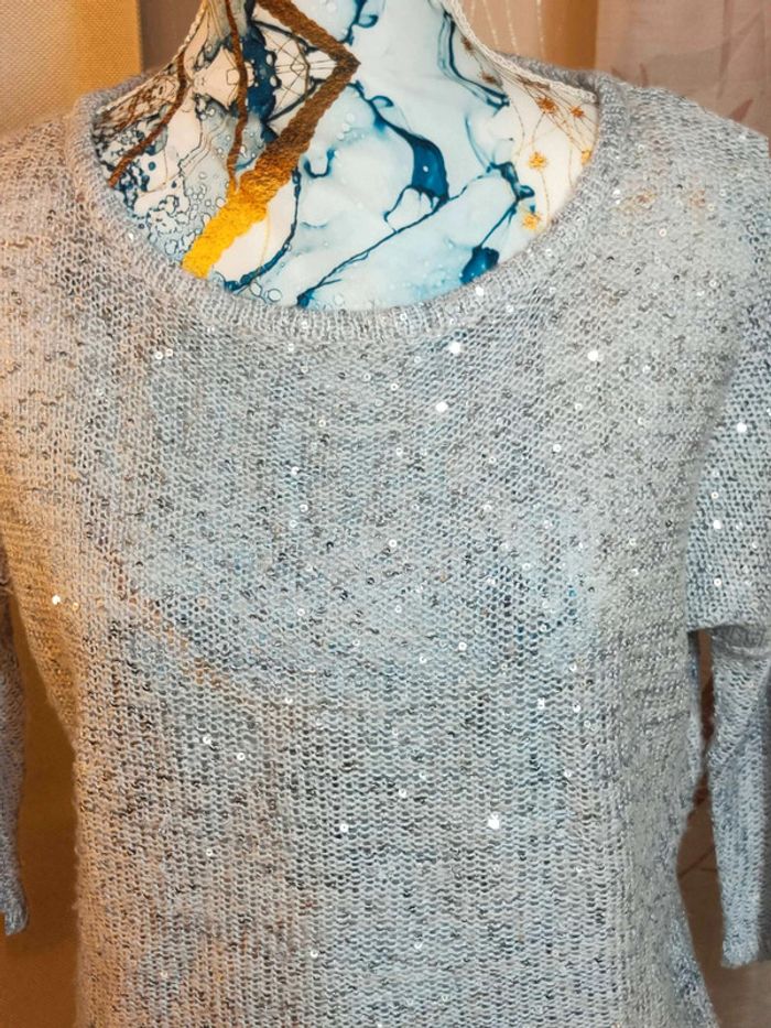 Pull Jacqueline Riu  gris chiné, détails sequins,  maille  douce, allure élégante - photo numéro 2