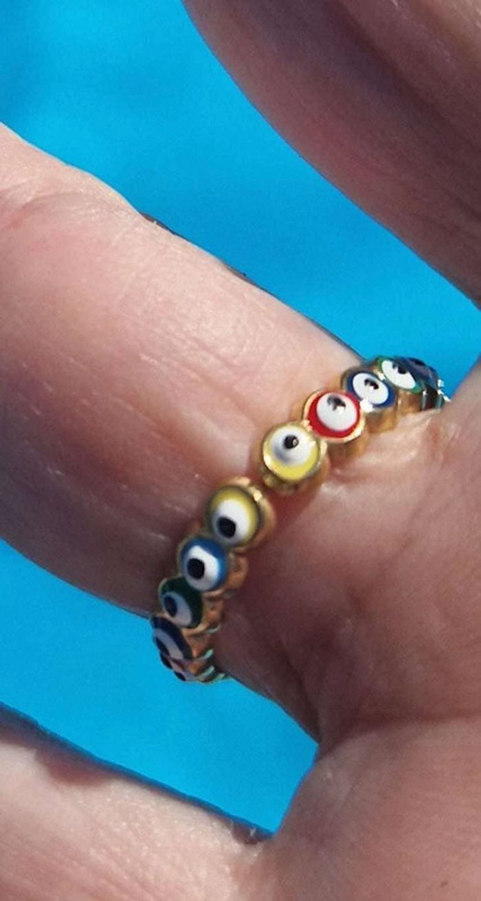 Bague réglable acier inoxydable or oeils résine couleurs - photo numéro 3