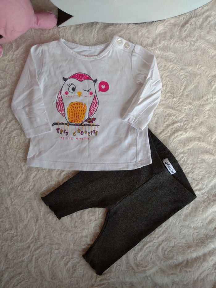 Ensemble (tee shirt manches longues+legging côtelé) Fille 3 mois Chouette Minette Gémo - photo numéro 2