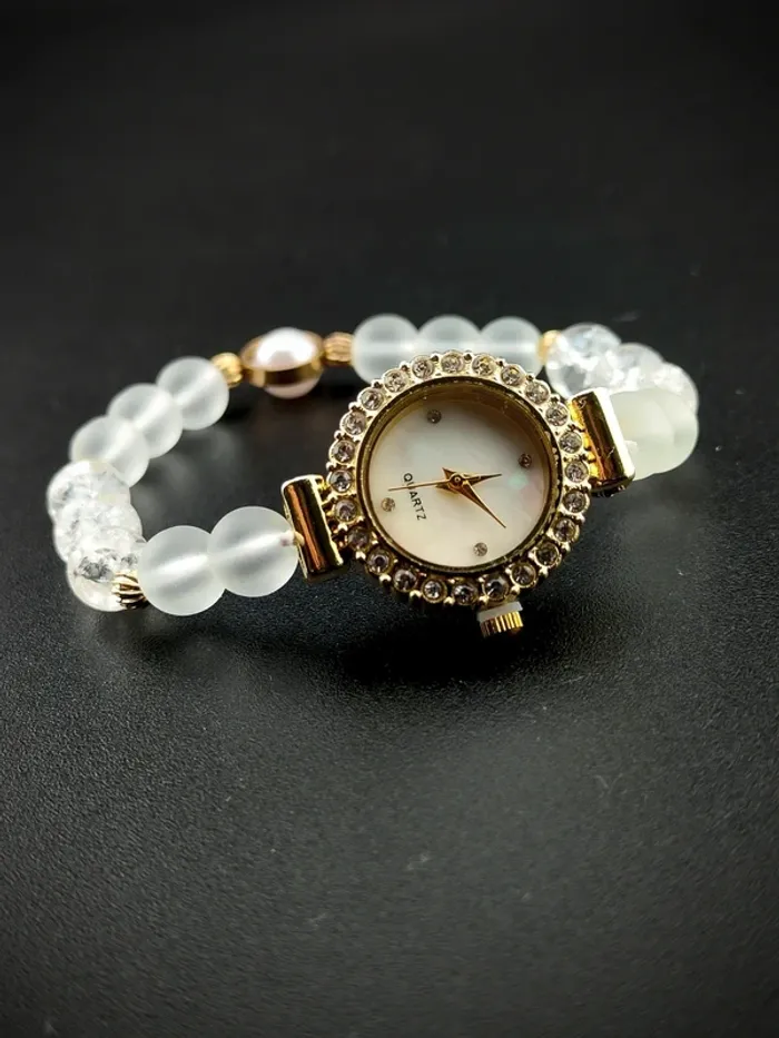 Montre-bracelet perle, blanc, nacré, doré