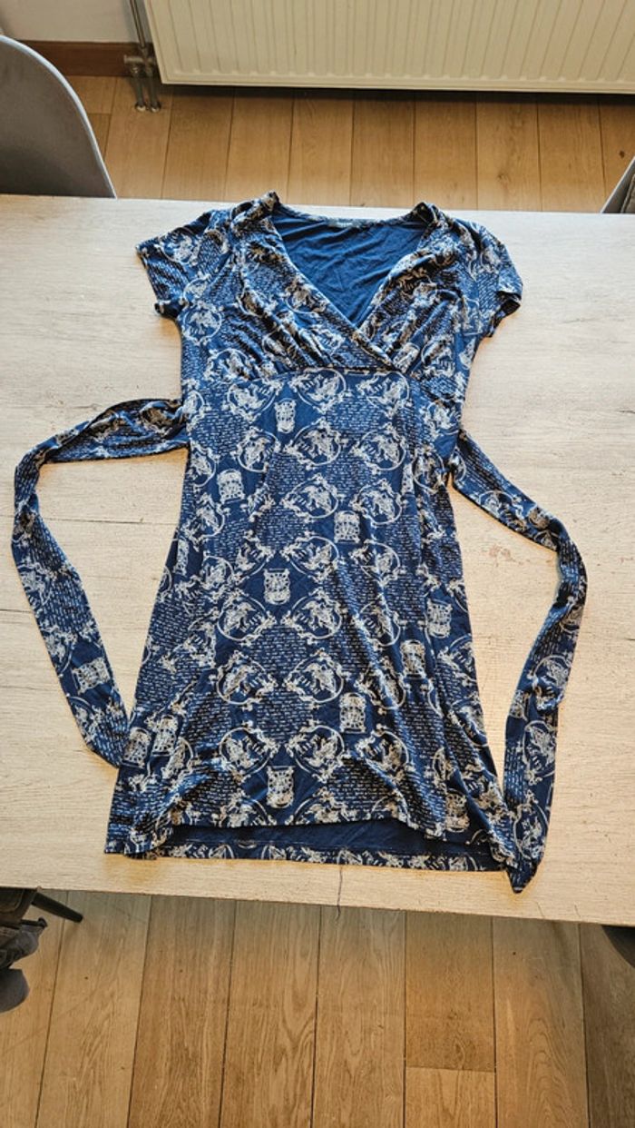 Rbe courte de grossesse, manches courtes, cache coeur, bleu motifs beiges, Noppies,M, nickel