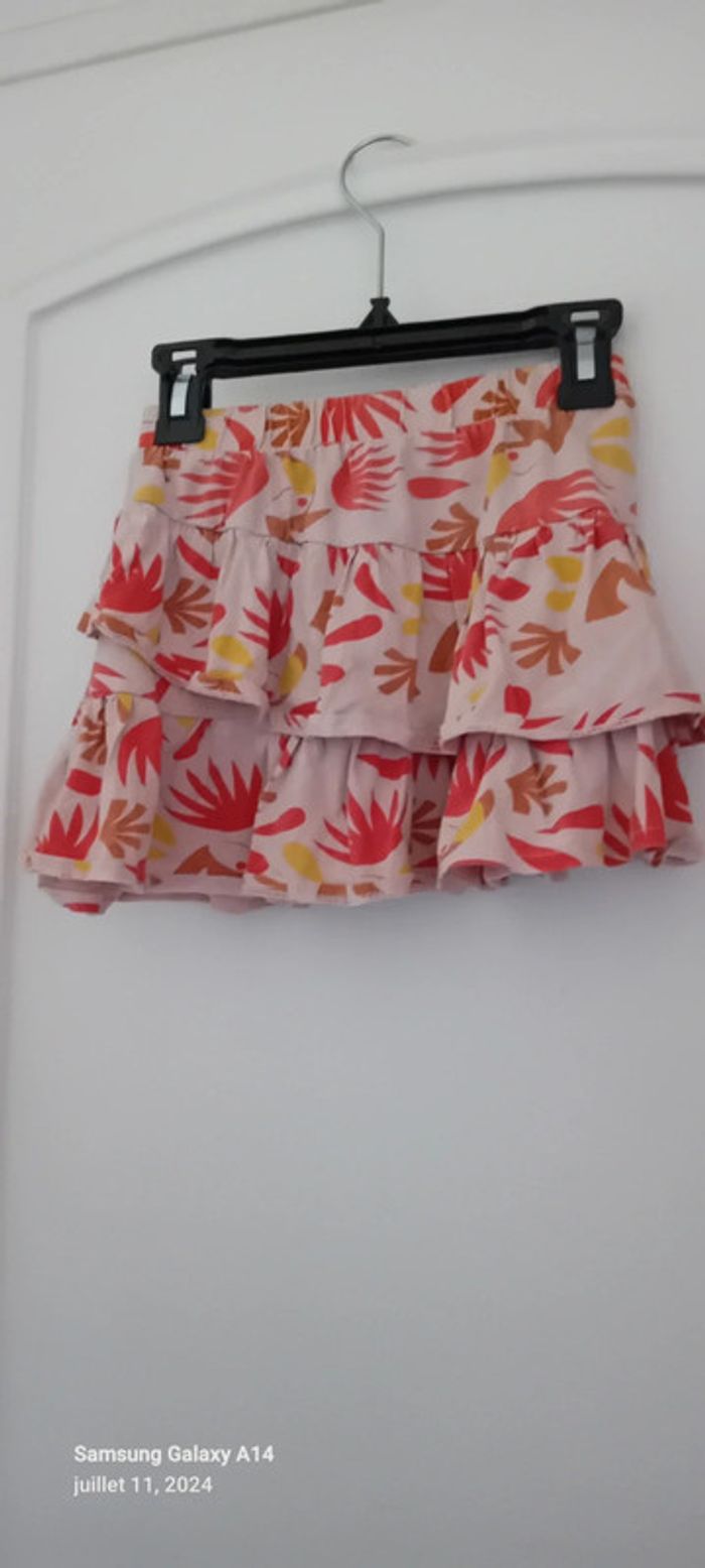 Jupe courte à volants motif feuillage corail fille 8 ans vert baudet