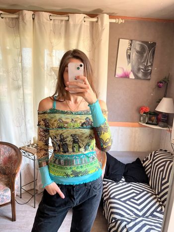 Top épaules dénudées mesh y2k 2000yer vintage bohème champêtre country asymétrique asiatique