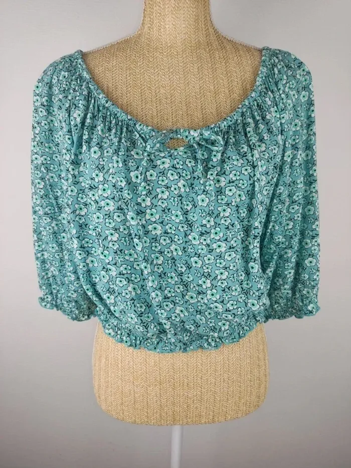 Blouse manches 3/4 taille smockée motifs fleuris tons bleu et vert taille 44 Liberto
