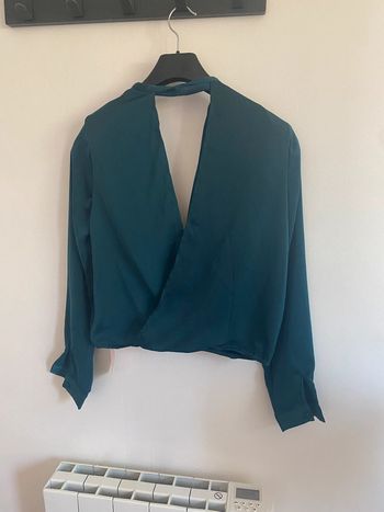 Jolie blouse manches longues, dos ouvert et décolletée • Bleu vert canard • SHEIN • Taille S