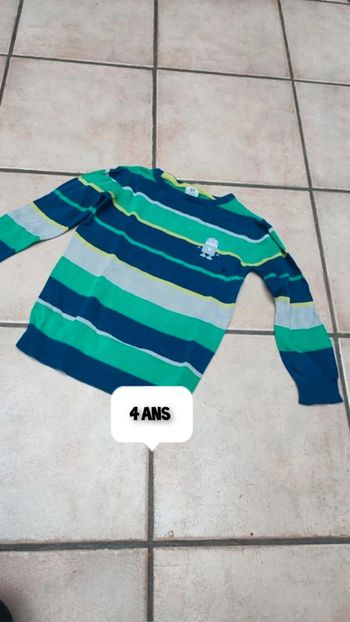 Pull rayé bleu vert robot