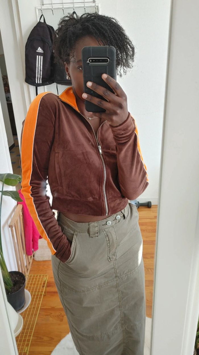 Sweat-shirt velours col au zip poche latéral manches longues crop top - photo numéro 4