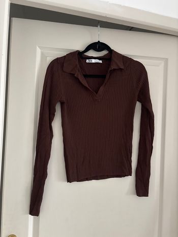 Top côtelé Zara marron col polo