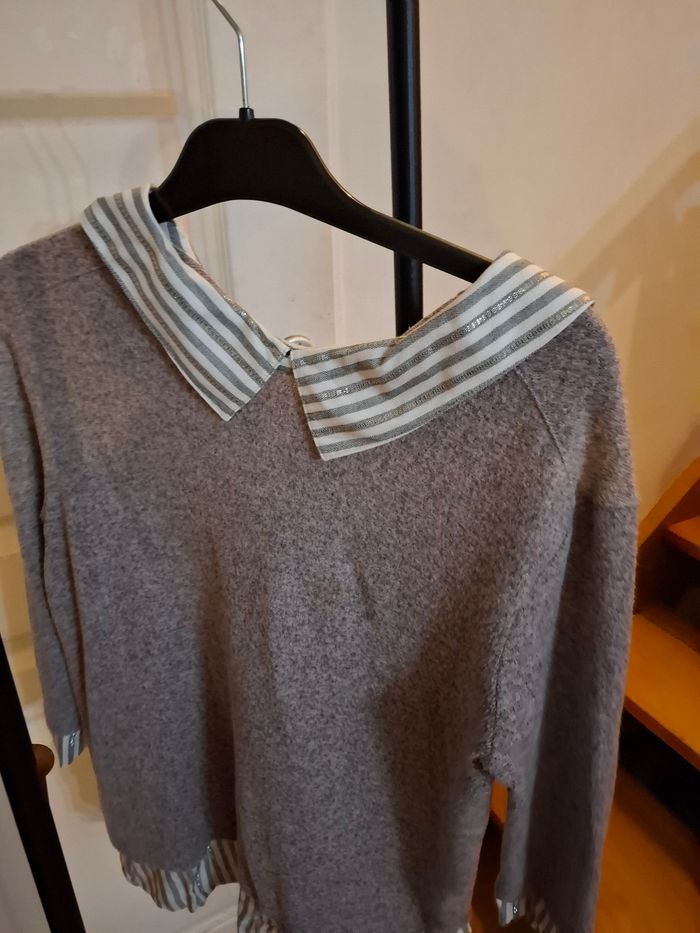 Pull femme à  col chemise, rose chinée