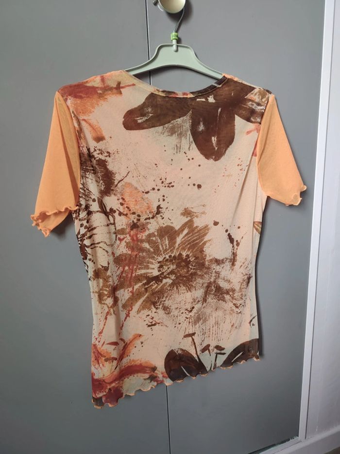 Tshirt orange motif fleur hibiscus création Laura de l'Isle S made in Italy - photo numéro 3
