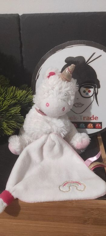 doudou licorne mouchoir baby nat blanc rose arc en ciel doré bn0320 Fourrure