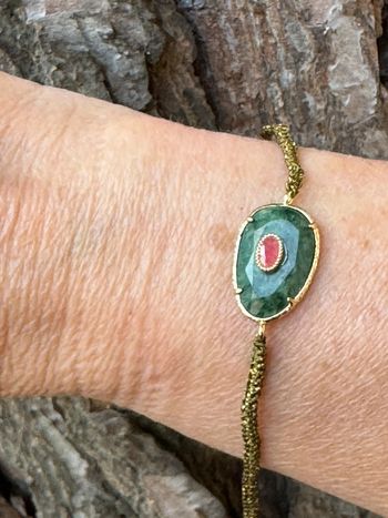 Bracelet habaha Paris cordon vert pailleté pavé amazonite et jade rose