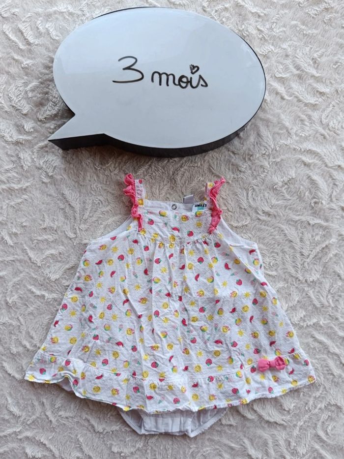 Robe bretelles été + body intégré Fille 3 mois Fruits Smiley Baby 100% coton