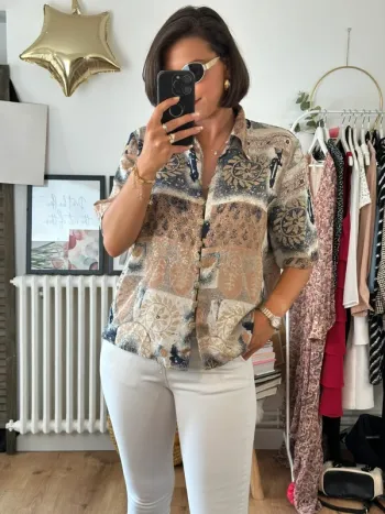 Blouse vintage taille 38 dorée bleue et beige