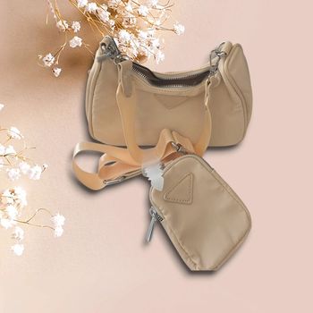 Sac bandoulière beige avec petite pochette - Fermeture zippée