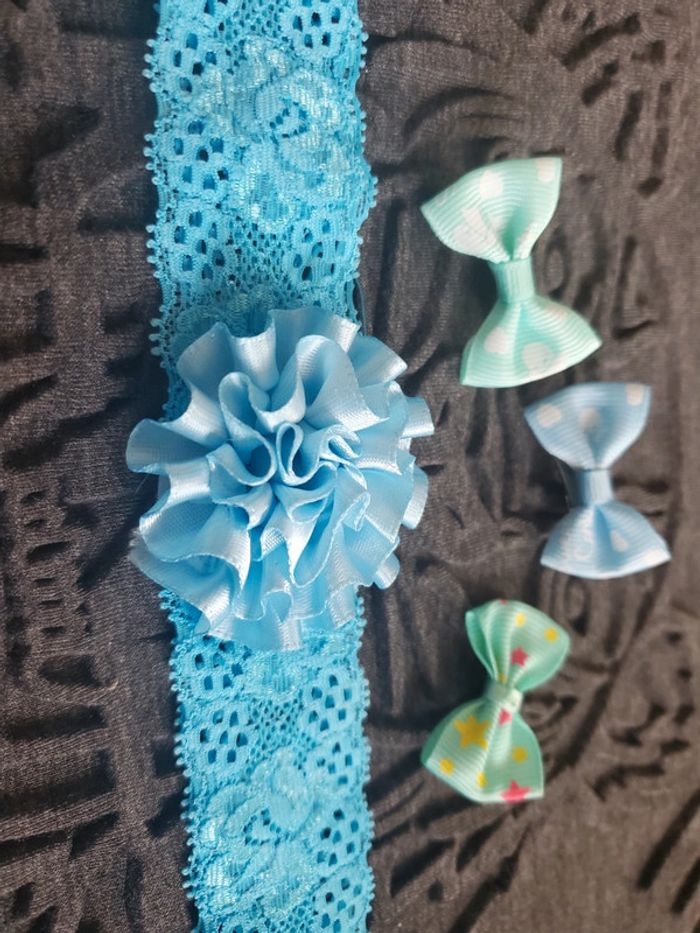 🌴  Lot de 3 barettes noeud et 1 bandeau dentelle bleu - photo numéro 3