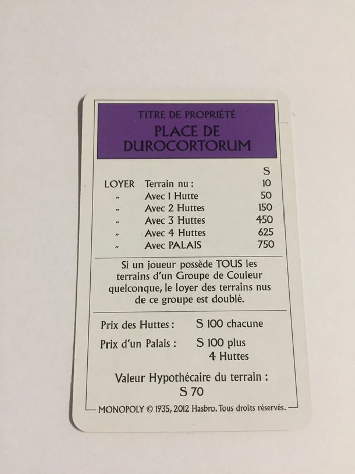 Carte Place de durocortorum pièce jeu de société Monopoly le tour de Gaule d'Astérix Hasbro #A53