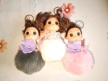 Lot de 3 portes clés fées princesses filles avec boule de fourrure