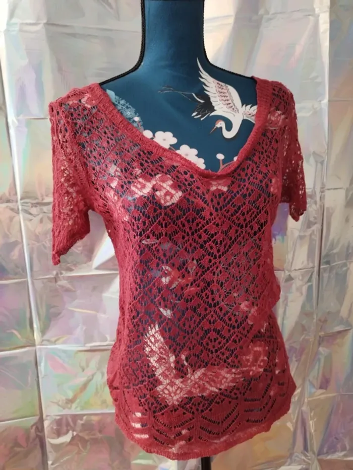Pull manches courte crochet framboise en lin