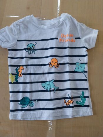 T-shirt bébé 9 mois blanc rayé marine motifs animaux de l'océan