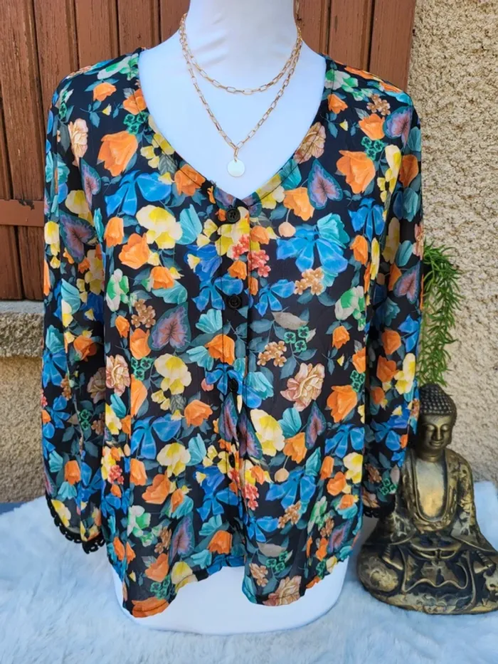 Chemise courte fluide fleuri noir multicolore broderie cloothes taille 42 - photo numéro 2