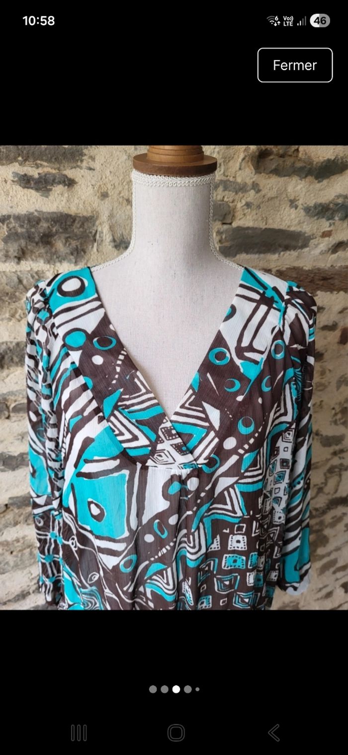 Blouse style tunique bleue turquoise marron et blanche Multiples Taille 5 ou 46 - photo numéro 3
