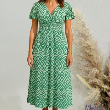 Sublime Robe longue femme verte à motif S/M 36/38