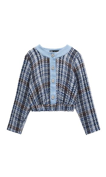 Top cardigan cropped court bi matière en denim col rond boutonné bleu zara taille M/38