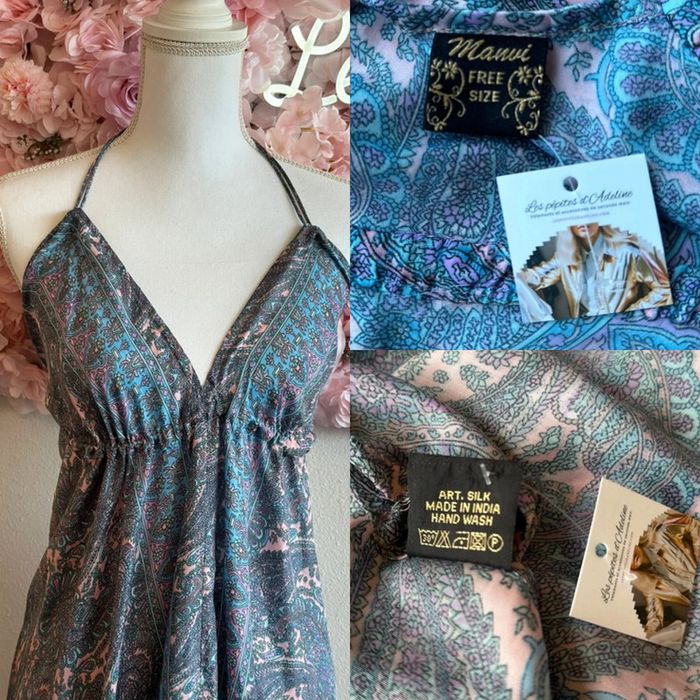 Robe d’été bohème en soie à motifs fleuris rose et bleu dos nu taille U - photo numéro 3