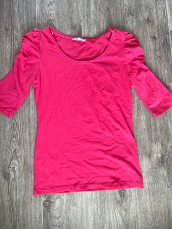 Pull col rond, manches bouffante qui arrive au-dessus du coude, fuchsia, Etam, M, 95% coton