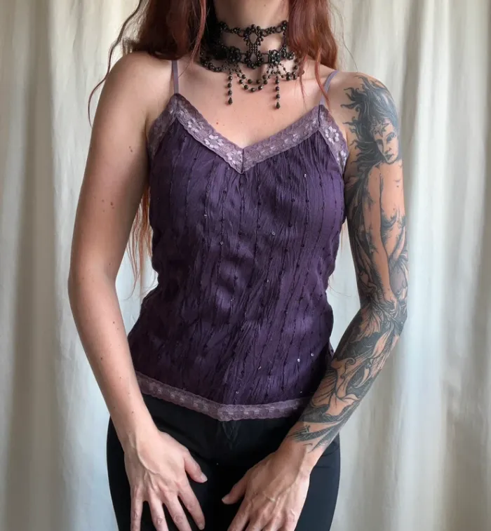 Débardeur violet sequins dentelle Whimsy Whimsical vintage made in France 🇫🇷 90s - Taille M - photo numéro 4