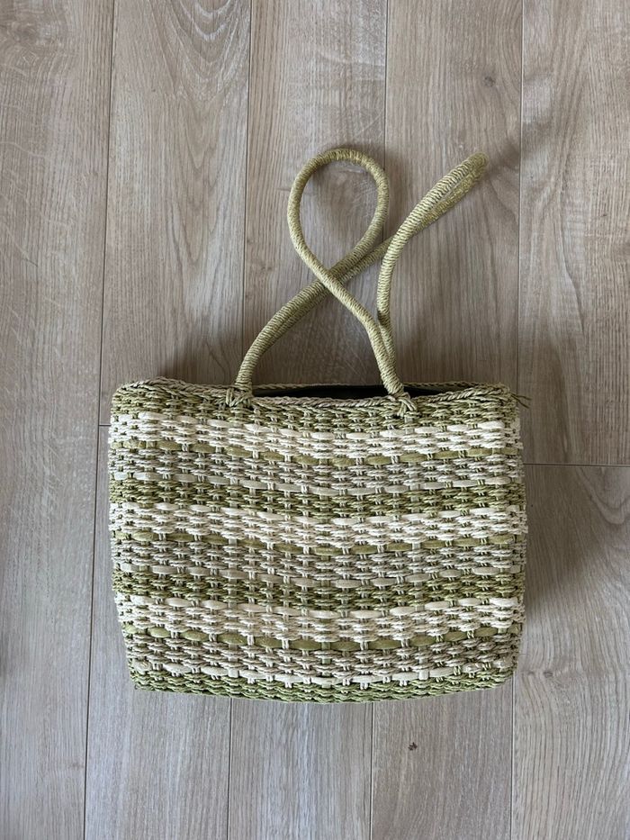 Panier cabas tressé naturel/vert - photo numéro 4