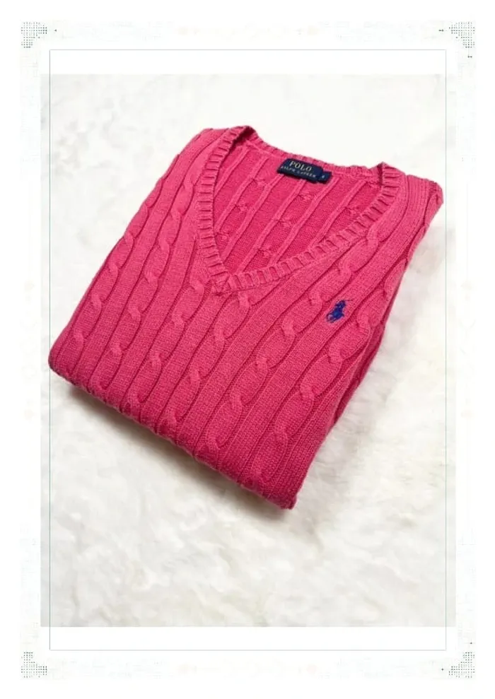 Ralph Lauren pull femme coton torsadé rose col V taille S