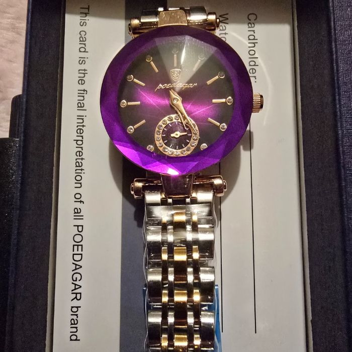 Montre quartz étanche – Argenté doré violet – Verre trempé, acier inoxydable – Femmes – Poedagar – Neuf, avec étiquette - photo numéro 2