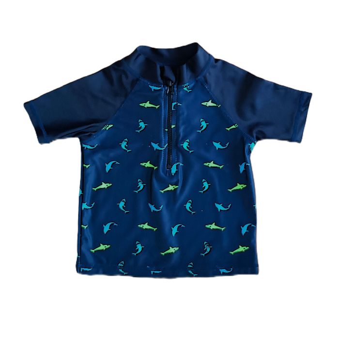 Ensemble de plage. Ensemble de bain. Maillot de bain. Bleu marine à requins bleu et vert. Pommette. - photo numéro 2