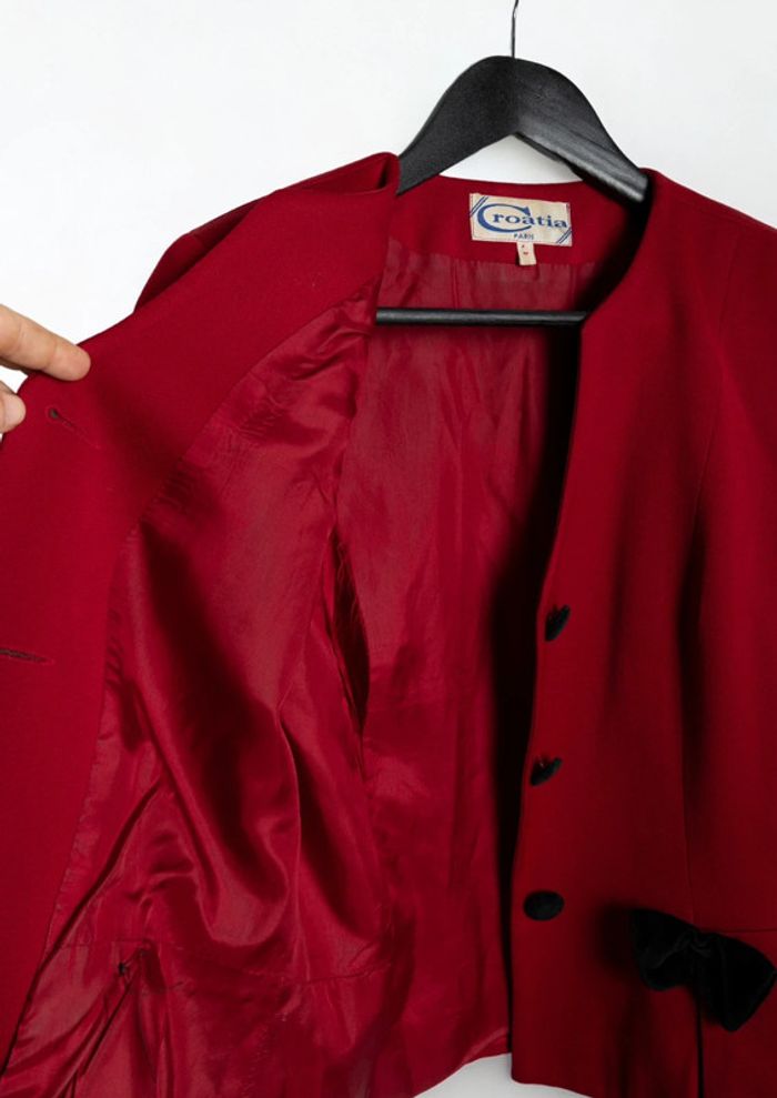 Veste tailleur rouge et noire bi matière • Red and black two-tone blazer Taille M - photo numéro 8
