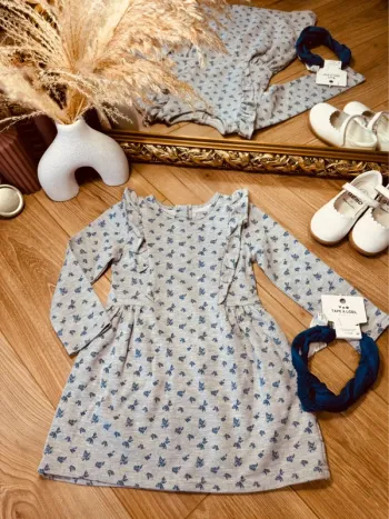 Taille 2-3 ans robe et bandeau fille TAO Primark bleue grise * fleurs * 🌷