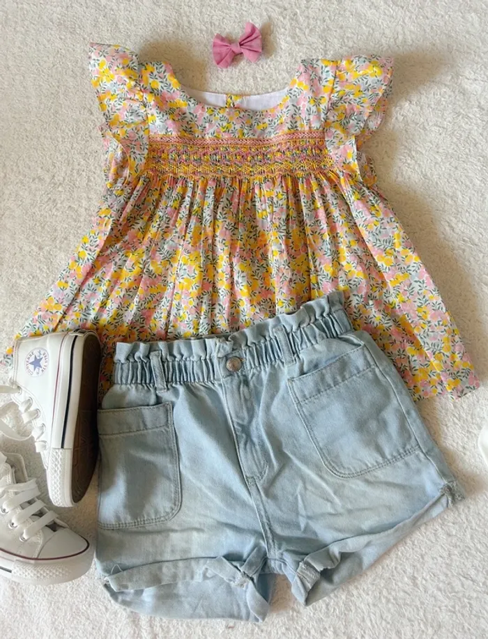 Blouse créatrice smockée et noeud liberty US 8 ans - photo numéro 3