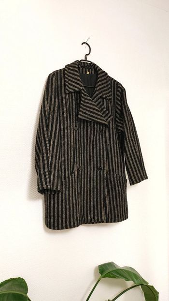 Veste manteau vintage en laine mélanger motif chevron rayé noir