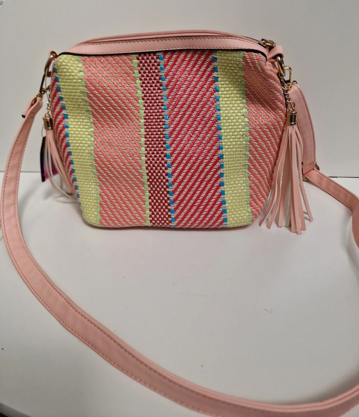 Sac Bandoulière Tressé Multicolore Pompons Franges Roses - photo numéro 11