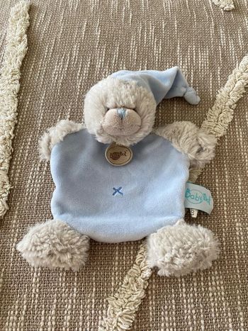 Peluche doudou plat 17cm babynat ours blanc gris et bleu très bon état