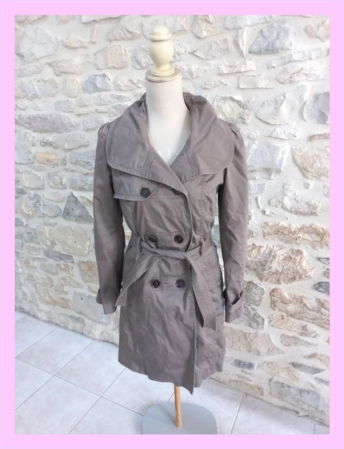 Trench-coat court Piazza Italia gris/taupe cintré - Taille S - Style chic décontracté